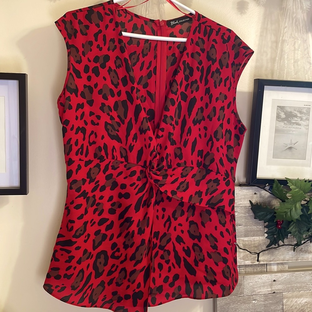 Red leopard print asymmetrical blouse